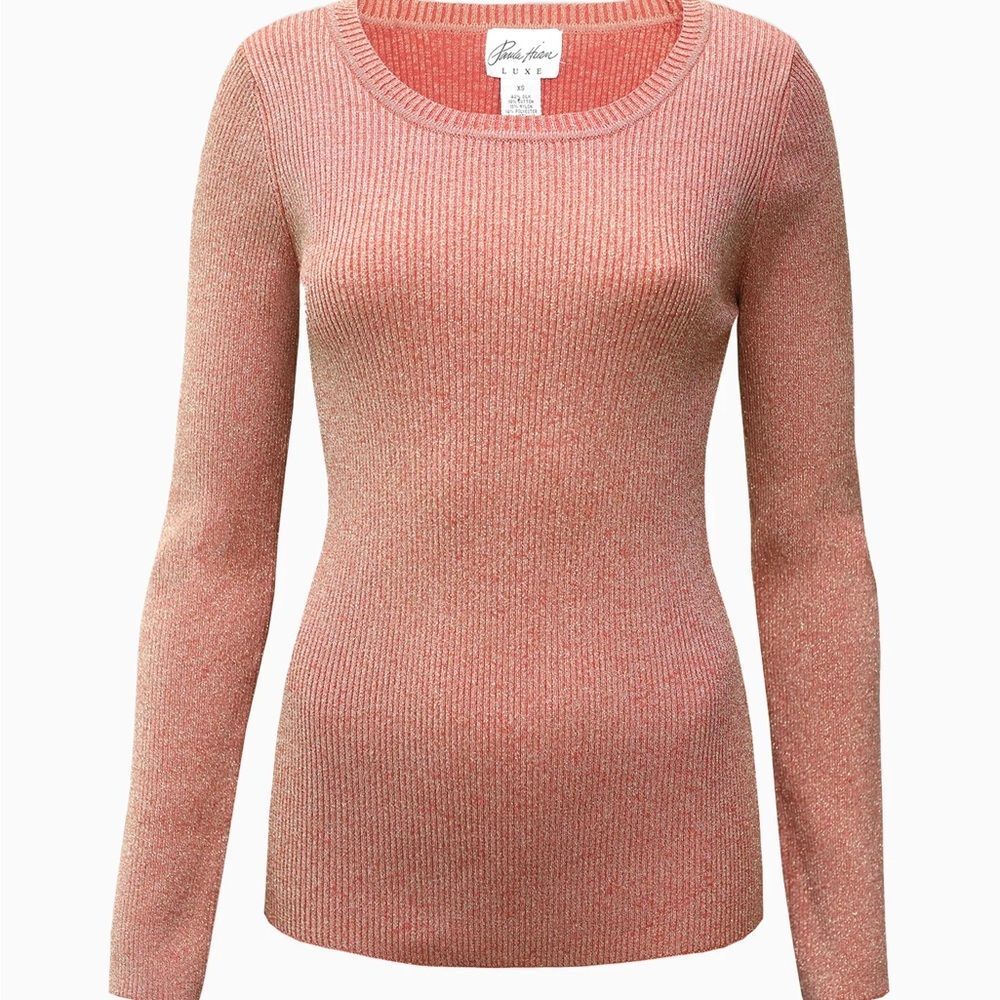 Paula Hian Luxe Silk Blend Ribbed Metallic Shimmer Crew Neck Top Sweater XS